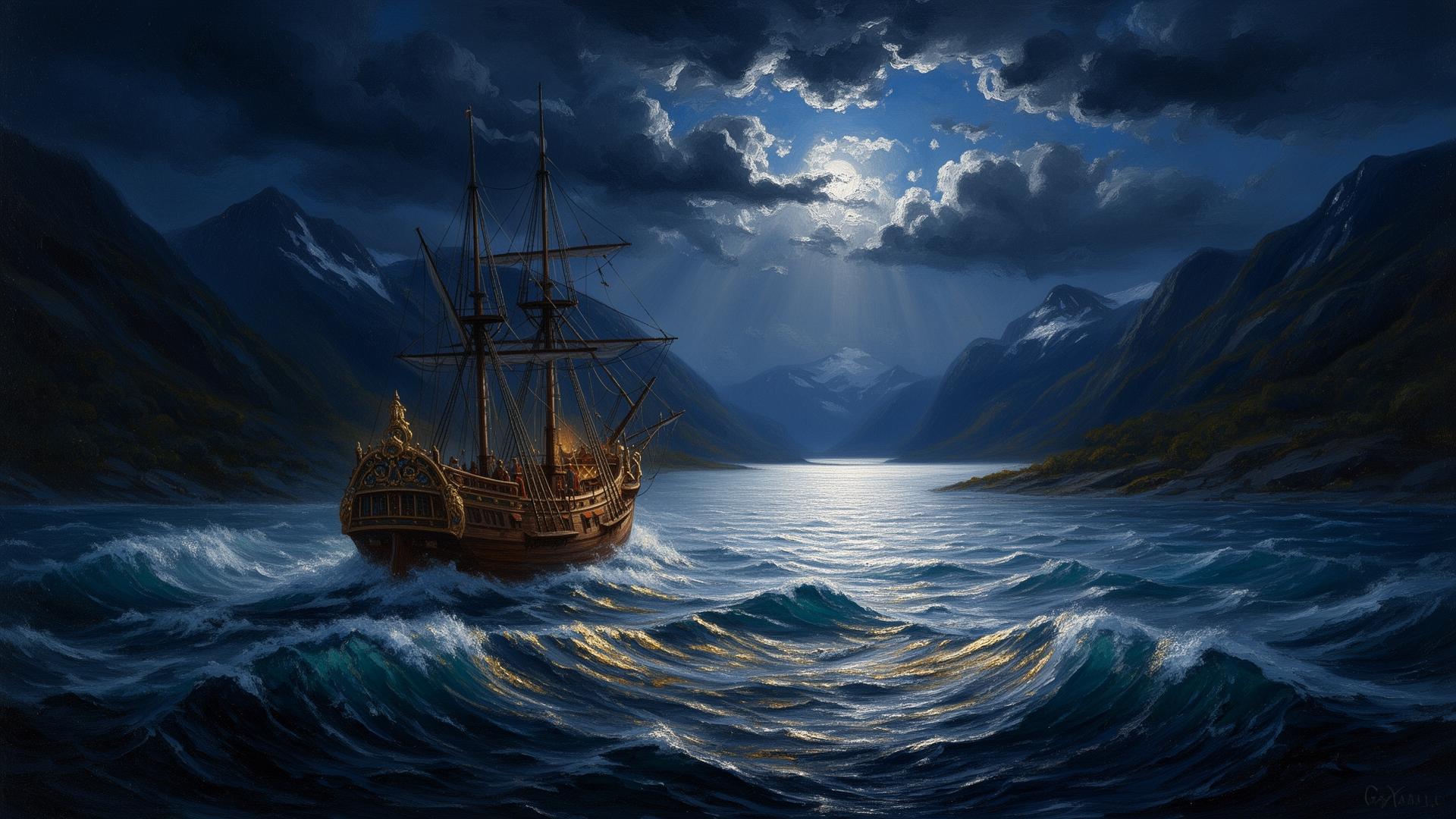Ein hölzernes Schiff fährt durch stürmische See in einen ruhigen, silbrigen Fjord zwischen dunklen Bergen unter einem Mondhimmel.